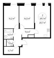 Планировка двухкомнатной(квартира) площадью 69.1 квадратных метров в “ЖК Первый Московский”