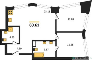 Планировка двухкомнатной(квартира) площадью 60.61 квадратных метров в “UNO Горбунова”