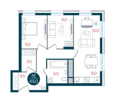 Планировка трехкомнатной(квартира) площадью 49 квадратных метров в “ЖК РУСИЧ-Кантемировский”