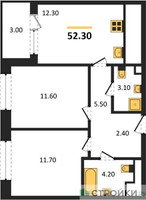 Планировка двухкомнатной(квартира) площадью 52.3 квадратных метров в “Жилые кварталы Белый Град”