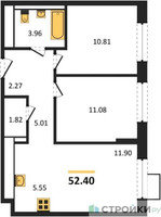 Планировка двухкомнатной(квартира) площадью 52.4 квадратных метров в “ЖК Пригород Лесное”