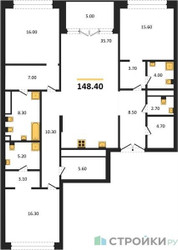 Планировка трехкомнатной(квартира) площадью 148.4 квадратных метров в ЖК “Клубный дом РЕКА”