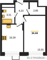 Планировка однокомнатной(квартира) площадью 34.8 квадратных метров в “ЖК Новоград Павлино”