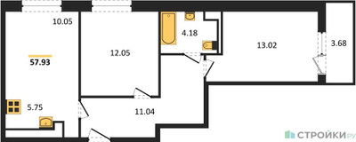 Планировка двухкомнатной(квартира) площадью 57.93 квадратных метров в ЖК “Жилые кварталы Новое Пушкино”