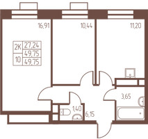 Планировка двухкомнатной(квартира) площадью 49.8 квадратных метров в “ЖК Западная Ивантеевка”