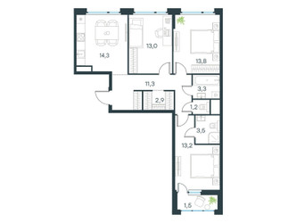 Планировка трехкомнатной(квартира) площадью 78 квадратных метров в ЖК “ЖК Левел Лесной”