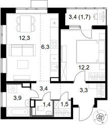 Планировка двухкомнатной(квартира) площадью 46 квадратных метров в ЖК “ЖК 1-й Химкинский (Первый Химкинский)”