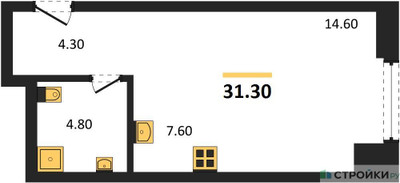 Планировка студии(квартира) площадью 31.3 квадратных метров в ЖК “ЖК Мираполис”