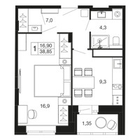 Планировка однокомнатной(квартира) площадью 38.85 квадратных метров в “ЖК Времена года”
