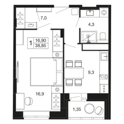 Планировка однокомнатной(квартира) площадью 38.85 квадратных метров в ЖК “ЖК Времена года”