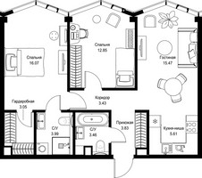 Планировка двухкомнатной(квартира) площадью 67.76 квадратных метров в “Дом премиум-класса МИРА”