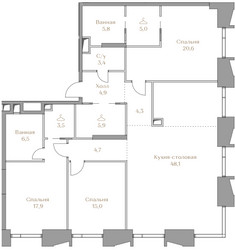Планировка трехкомнатной(квартира) площадью 145.6 квадратных метров в ЖК “ЖК Коллекция Лужники”