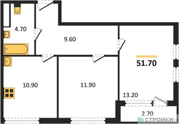 Планировка двухкомнатной(квартира) площадью 51.7 квадратных метров в ЖК “ЖК Южные сады”