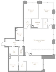 Планировка трехкомнатной(квартира) площадью 132.9 квадратных метров в ЖК “ЖК Коллекция Лужники”