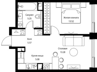 Планировка однокомнатной(квартира) площадью 42.7 квадратных метров в ЖК “ЖК Сити Бэй”