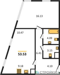 Планировка однокомнатной(квартира) площадью 53.53 квадратных метров в ЖК “Квартал Foriver”