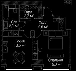 Планировка однокомнатной(квартира) площадью 44.4 квадратных метров в ЖК “ЖК СЕЗАР БУДУЩЕЕ”