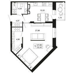 Планировка однокомнатной(квартира) площадью 55.4 квадратных метров в ЖК “ЖК Времена года”