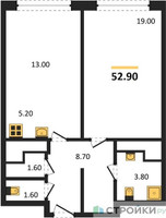 Планировка однокомнатной(квартира) площадью 52.9 квадратных метров в “ЖК AFI Tower (Афи Тауэр)”