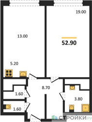 Планировка однокомнатной(квартира) площадью 52.9 квадратных метров в ЖК “ЖК AFI Tower (Афи Тауэр)”