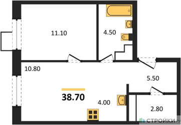 Планировка однокомнатной(квартира) площадью 38.7 квадратных метров в ЖК “ЖК ЭкоБунино (Южное Бунино)”
