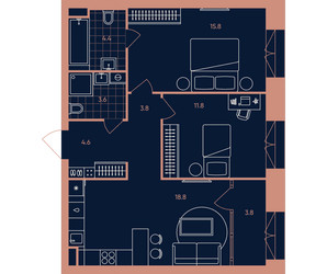 Планировка трехкомнатной(квартира) площадью 66.6 квадратных метров в ЖК “Квартал Эра”