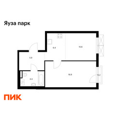 Планировка однокомнатной(квартира) площадью 44.3 квадратных метров в ЖК “ЖК Яуза Парк (Мытищи)”