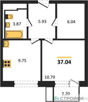 Планировка однокомнатной(квартира) площадью 37.04 квадратных метров в “ЖК Новое Внуково”