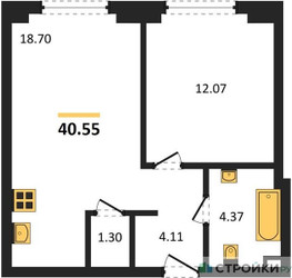 Планировка однокомнатной(квартира) площадью 40.55 квадратных метров в ЖК “ЖК "Гранд Фили"”