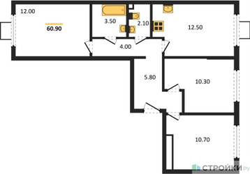 Планировка трехкомнатной(квартира) площадью 61 квадратных метров в ЖК “ЖК Лучи-2”