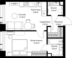 Планировка однокомнатной(квартира) площадью 43.63 квадратных метров в ЖК “ЖК Веер”