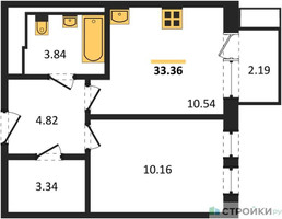 Планировка однокомнатной(квартира) площадью 33.36 квадратных метров в “ЖК Новое Видное”