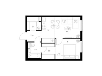 Планировка однокомнатной(квартира) площадью 37.8 квадратных метров в ЖК “ЖК Москворечье”