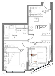 Планировка однокомнатной(квартира) площадью 46 квадратных метров в ЖК “ЖК Дрим Рива”