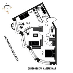 Планировка трехкомнатной(квартира) площадью 57.4 квадратных метров в ЖК “ЖК Интеллигент”