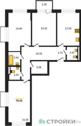 Планировка трехкомнатной(квартира) площадью 79.33 квадратных метров в ЖК “ЖК Рублевский Квартал”