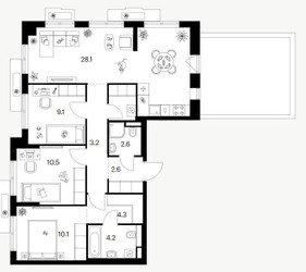 Планировка трехкомнатной(квартира) площадью 87.4 квадратных метров в ЖК “ЖК Саларьево парк”