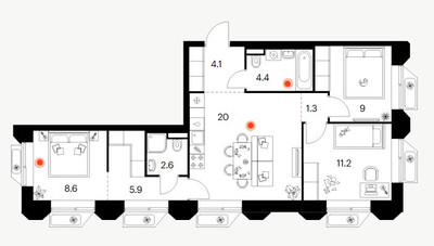 Планировка трехкомнатной(квартира) площадью 67.1 квадратных метров в ЖК “ЖК Саларьево парк”