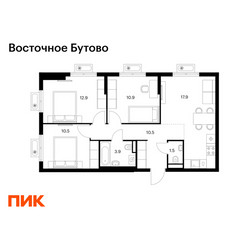 Планировка трехкомнатной(квартира) площадью 68.1 квадратных метров в ЖК “ЖК Восточное Бутово”