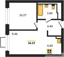 Планировка однокомнатной(квартира) площадью 34.57 квадратных метров в “ЖК Новое Видное”