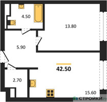 Планировка однокомнатной(квартира) площадью 42.5 квадратных метров в “ЖК STONE Sokolniki (Сокольники)”