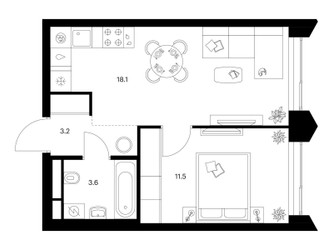 Планировка однокомнатной(квартира) площадью 36.4 квадратных метров в ЖК “ЖК Матвеевский парк”