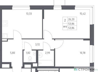 Планировка двухкомнатной(квартира) площадью 53.86 квадратных метров в ЖК “ЖК Подольские кварталы”