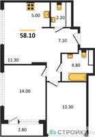 Планировка двухкомнатной(квартира) площадью 58.1 квадратных метров в “ЖК Южные сады”
