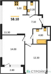 Планировка двухкомнатной(квартира) площадью 58.1 квадратных метров в ЖК “ЖК Южные сады”