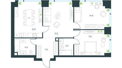 Планировка трехкомнатной(квартира) площадью 78.5 квадратных метров в ЖК “ЖК Левел Мичуринский”
