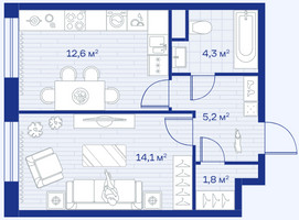 Планировка однокомнатной(квартира) площадью 38 квадратных метров в “ЖК Аристов берег”