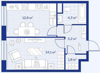 Планировка однокомнатной(квартира) площадью 38 квадратных метров в ЖК “ЖК Аристов берег”