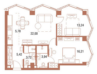 Планировка двухкомнатной(квартира) площадью 70.5 квадратных метров в ЖК “ЖК Симфония 34”