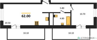 Планировка однокомнатной(квартира) площадью 62 квадратных метров в “ЖК Квартал Метроном”